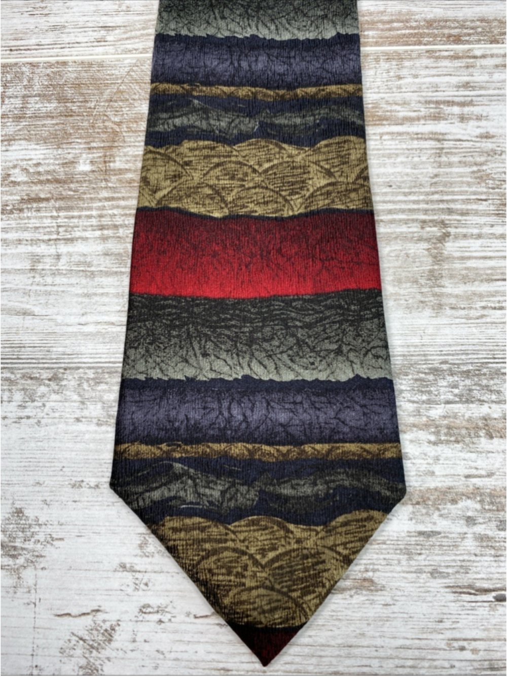 Vintage Jimmy Z 100% Silk Tie Abstract Striped Navy Burgundy Olive Gray 58”